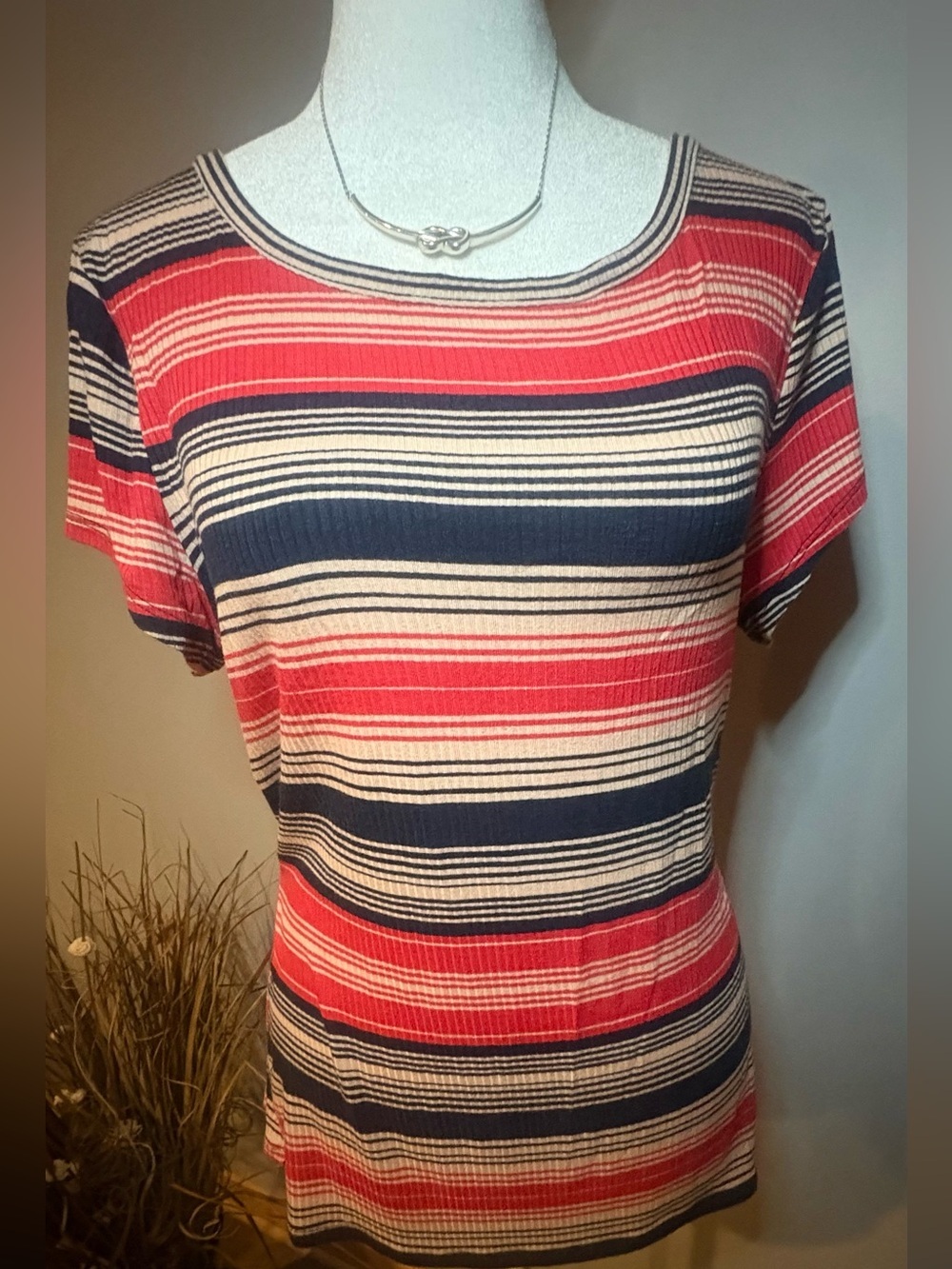 VENUS Ribbed Striped Top Womens Large Red Navy Cream Stretch Short Sleeve